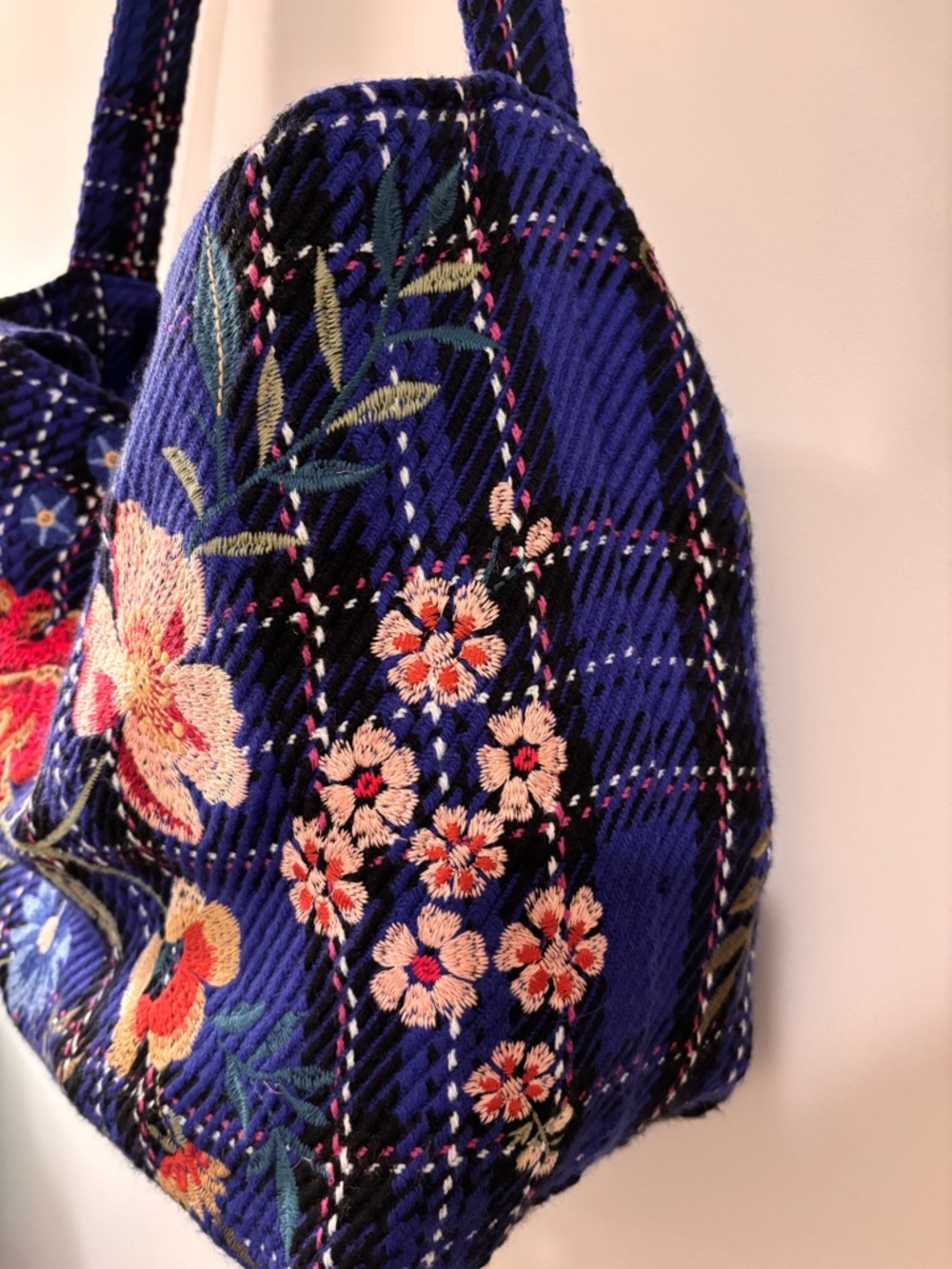 Johnny Was Mila Blue Plaid Embroidered Tote Bag - Picture 5 of 15